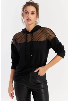 Kadın Siyah Üstü Tül Kapüşonlu Sweatshirt EY2934