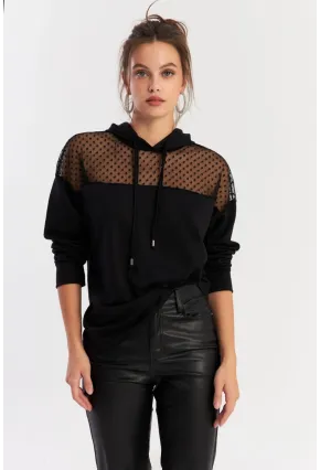 Kadın Siyah Üstü Tül Kapüşonlu Sweatshirt EY2934