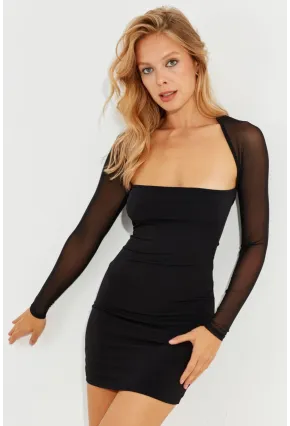 Kadın Siyah Üstü Tül Mini Elbise B2485