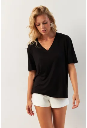 Kadın Siyah V Yaka Bluz RX441