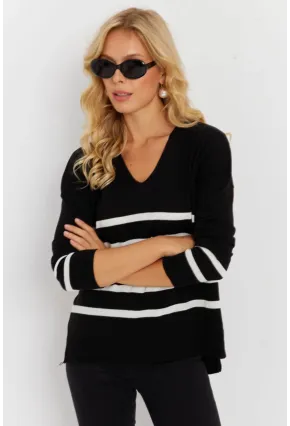 Kadın Siyah V Yaka Çizgili Triko Kazak YİL550