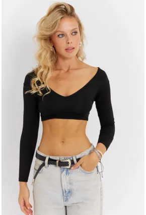 Kadın Siyah V Yaka Crop Bluz CG368