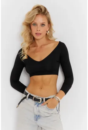 Kadın Siyah V Yaka Crop Bluz CG368