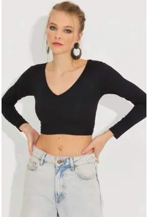Kadın Siyah V Yaka Crop Bluz LPP1241