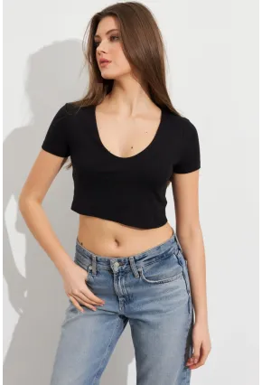 Kadın Siyah V Yaka Crop Bluz TOP101