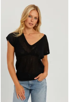 Kadın Siyah V Yaka Fileli Bluz SMT230