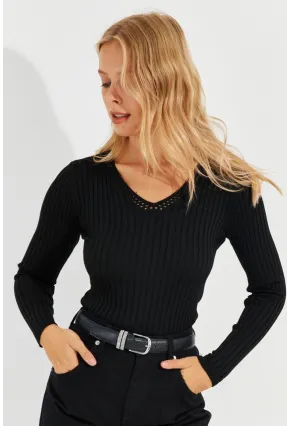 Kadın Siyah V Yaka Fitilli Triko Bluz SMT216