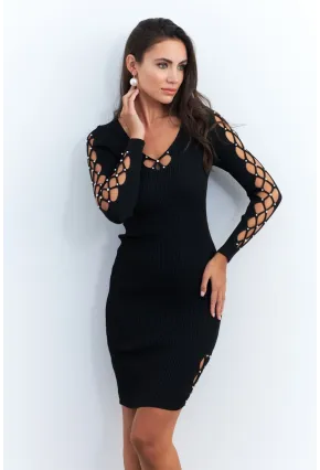 Kadın Siyah V Yaka İncili Triko Midi Elbise RM08