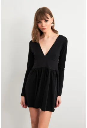 Kadın Siyah V Yaka Mini Elbise LİK17