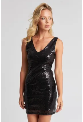 Kadın Siyah V Yaka Payetli Mini Elbise EY2666