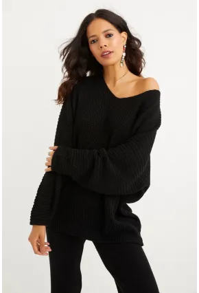 Kadın Siyah V Yaka Salaş Oversize Triko Tunik SMT158