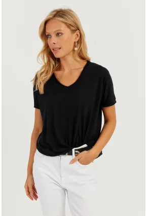 Kadın Siyah V Yaka Salaş T-Shirt LPP1271