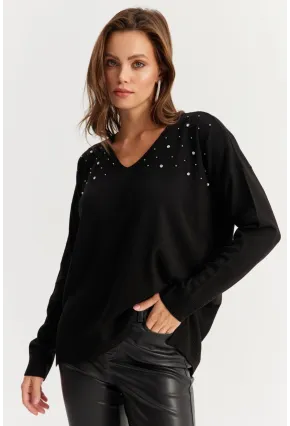 Kadın Siyah V Yaka Taşlı İnce Triko Bluz YİL002