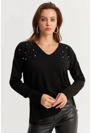 Kadın Siyah V Yaka Taşlı İnce Triko Bluz YİL002