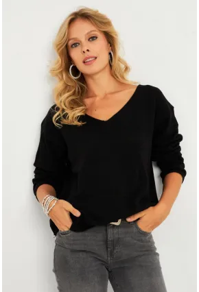 Kadın Siyah V Yaka Triko Bluz YV282
