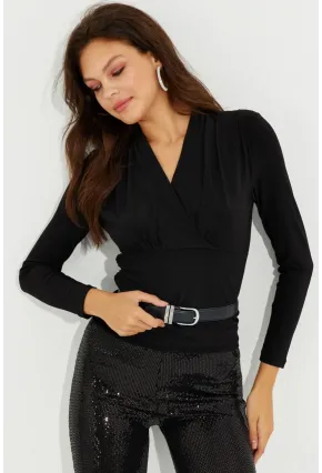 Kadın Siyah Vatkalı Kruvaze Bluz LPP1235