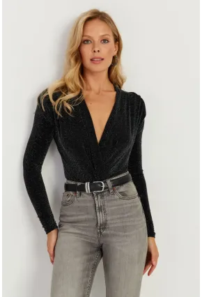 Kadın Siyah Vatkalı Kruvaze Çıtçıtlı Bodysuit GÇ151