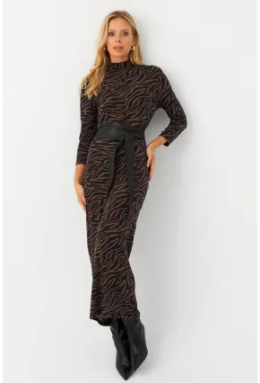 Kadın Siyah-Vizon Desenli Midi Elbise MLPP400