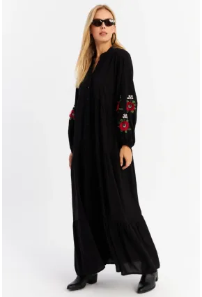 Kadın Siyah Volanlı Maxi Elbise MALO9