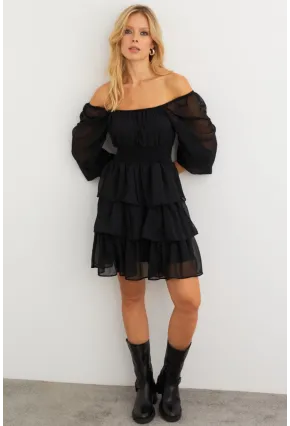 Kadın Siyah Volanlı Şifon Mini Elbise KSD2831