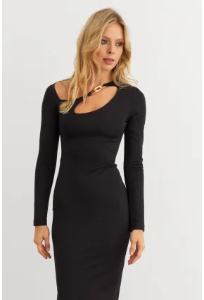 Kadın Siyah Yaka Aksesuarlı Midi Elbise KED7041