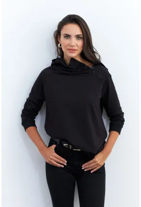 Kadın Siyah Yakası Fermuarlı Sweatshirt TF11