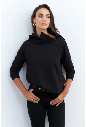 Kadın Siyah Yakası Fermuarlı Sweatshirt TF11