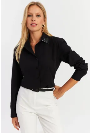 Kadın Siyah Yakası Taşlı Gömlek ZER413