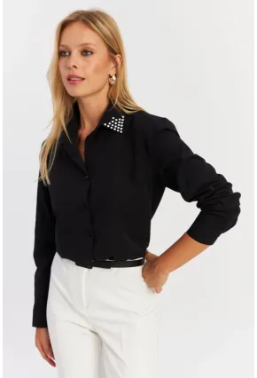 Kadın Siyah Yakası Taşlı Gömlek ZER413