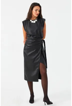 Kadın Siyah Yandan Bağlamalı Kruvaze Suni Deri Etek NH94