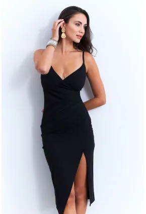 Kadın Siyah Yanı Yırtmaçlı Pedli Midi Elbise CY3022