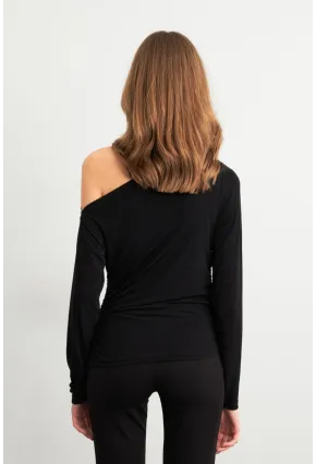 Kadın Siyah Yanları Büzgülü Degaje Bluz SF2561