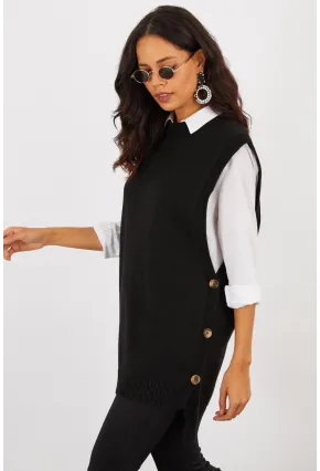 Kadın Siyah Yanları Düğmeli Kolsuz Triko Tunik MYV75
