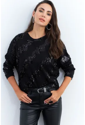 Kadın Siyah Yarasa Kol Payetli Triko Bluz PP6435