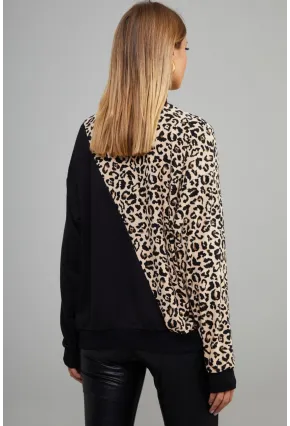 Kadın Siyah Yarım Balıkçı Bloklu Leopar Sweatshirt Yİ1991