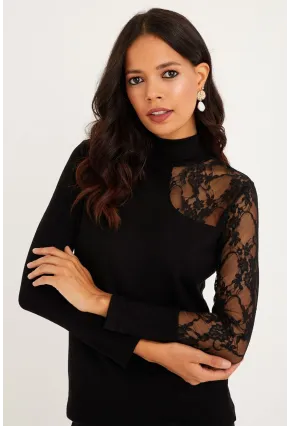 Kadın Siyah Yarım Balıkçı Dantelli Bluz BK1276