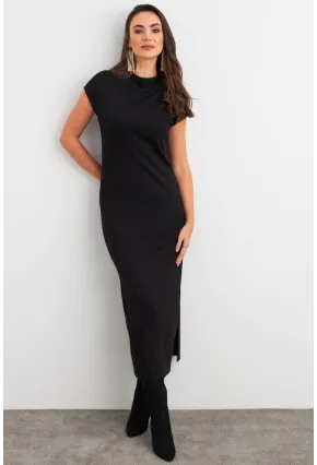 Kadın Siyah Yırtmaçlı Basic Midi Elbise AYD408