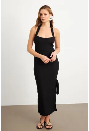 Kadın Siyah Yırtmaçlı Bürümcük Midi Elbise EY3098