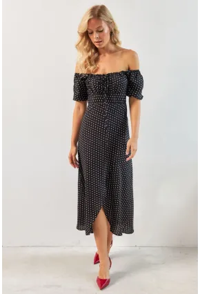 Kadın Siyah Yırtmaçlı Desenli Midi Elbise KED0243