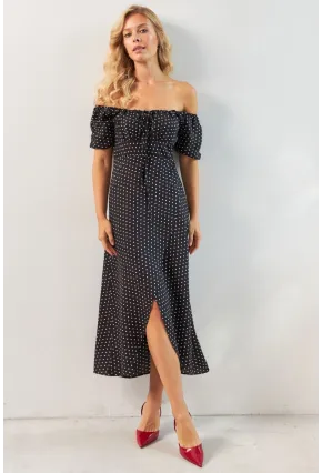 Kadın Siyah Yırtmaçlı Desenli Midi Elbise KED0243