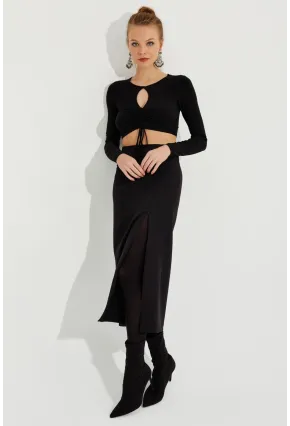 Kadın Siyah Yırtmaçlı Fermuarlı Midi Etek YEL221370