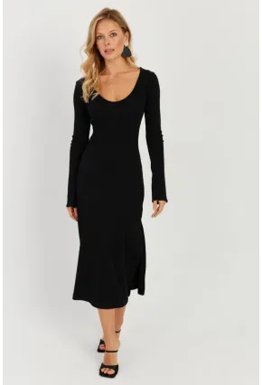 Kadın Siyah Yırtmaçlı Kaşkorse Midi Elbise EY2702