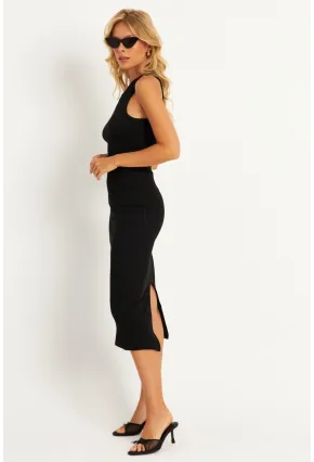 Kadın Siyah Yırtmaçlı Kaşkorse Midi Elbise MK15