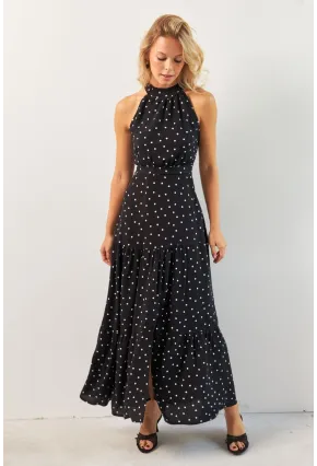 Kadın Siyah Yırtmaçlı Puantiyeli Midi Elbise KED4233