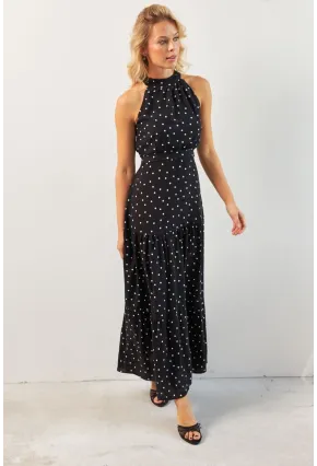 Kadın Siyah Yırtmaçlı Puantiyeli Midi Elbise KED4233