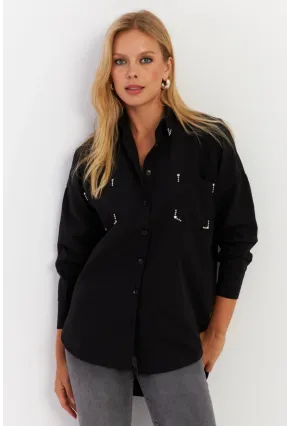 Kadın Siyah Zımbalı Gömlek MASF2