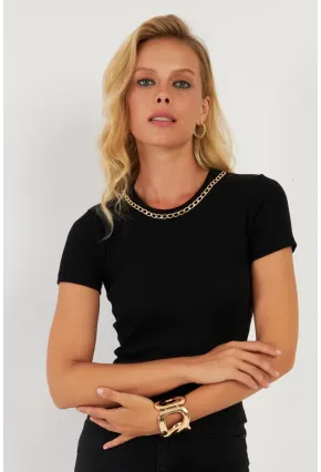 Kadın Siyah Zincir Aksesuarlı Bluz XL2020
