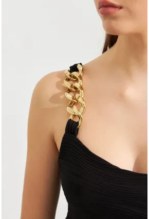 Kadın Siyah Zincir Askılı Astarlı Crop Bluz LİT109