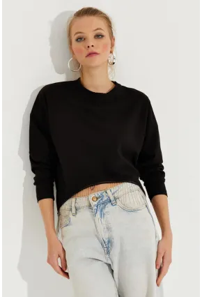 Kadın Siyah Zincirli Asimetrik Sweatshirt EY2664