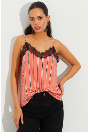 Kadın Somon Dantelli Çizgili Atlet LPP1223